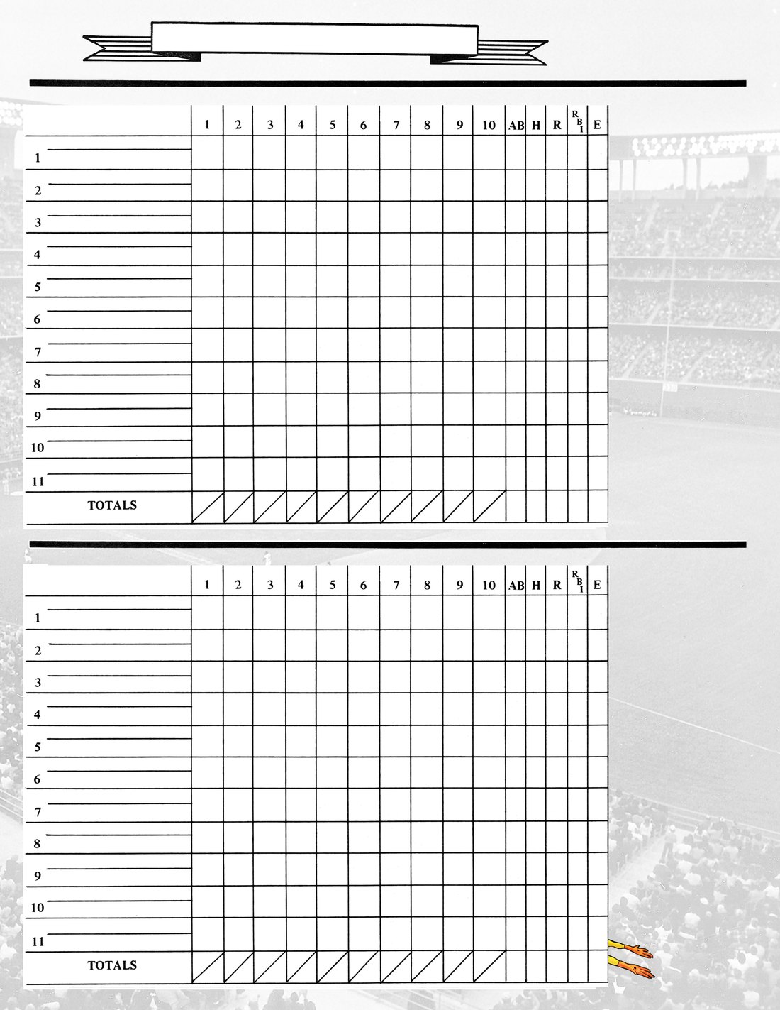 The Hot Dog Baseball scorecard — a hand-designed sheet with a pennant banner across the top, eleven batting spots, ten innings, and AB/H/R/RBI/E columns, set against a faded black-and-white ballpark photo.